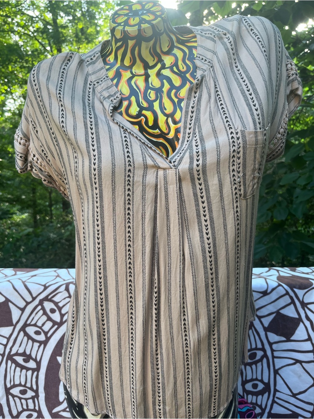Sweet Wanderer Beige and Black Striped V-Neck Blouse